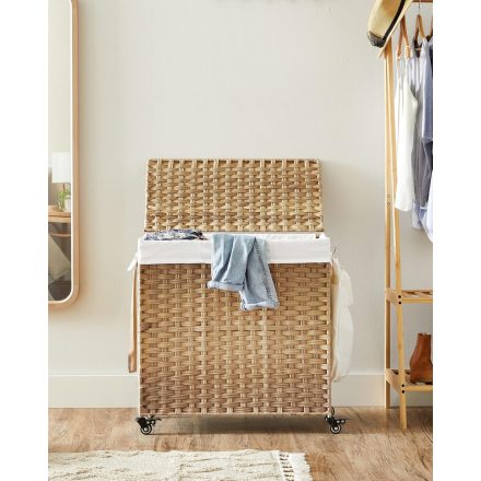 SONGMICS Praktikus guruló rattan szennyeskosár vagy 3 rekeszes törülköző tároló, kivehető mosható béléssel, összecsukható, Natúr LCB363N01