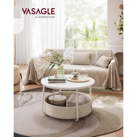 VASAGLE LCT244W10 kerek dohányzóasztal szövetkosárral, modern stílusú, 45x75cm, fehér bézs színű 