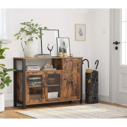 VASAGLE LSC096B01 kredenc tárolószekrény, 3 ajtós, ipari stílusú, 110x33x75cm, rusztikus barna és fekete