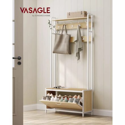VASAGLE Előszoba fogas paddal, akasztókkal, cipőszekrény, tölgy és fehér 85x30x180cm