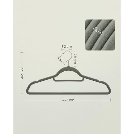 SONGMICS bársonyakasztók nyakkendőtartóval, 20 db-os ruhaakasztó készlet, csúszásmentes, kötőrúddal és 360°-ban elforgatható kampóval, Szürke CRF20V